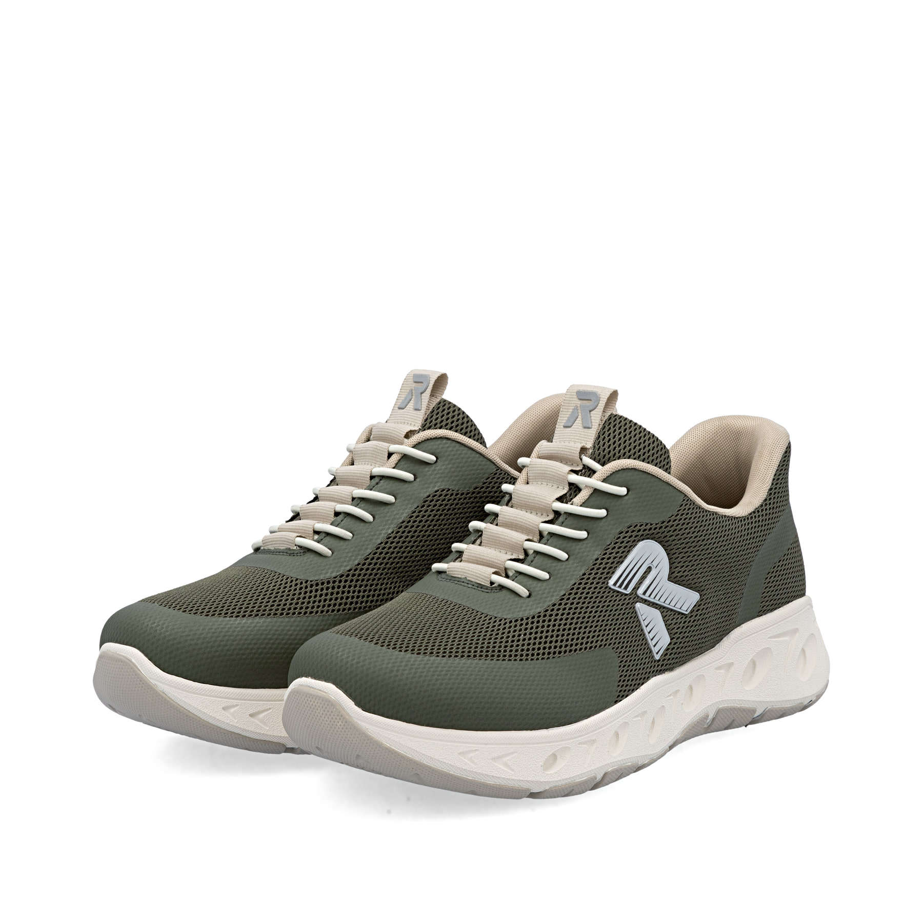 Baskets basses Rieker vertes femme M6551-54 avec option easy in facile. Chaussures inclinées sur le côté.