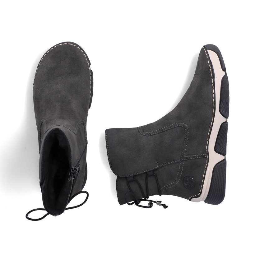 Dunkelgraue Rieker Damen Kurzstiefel 45990-45 mit einem Reißverschluss. Schuh von oben, liegend.