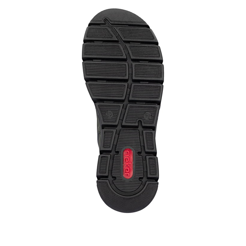 Dunkelgrün-schwarze Rieker Damen Kurzstiefel 55071-54 mit einem Reißverschluss. Schuh Laufsohle.