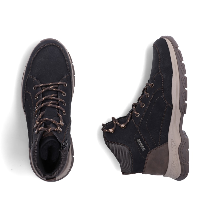 Schwarze Rieker Herren Schnürstiefel 30212-00 mit wasserabweisender TEX-Membran. Schuh von oben, liegend.