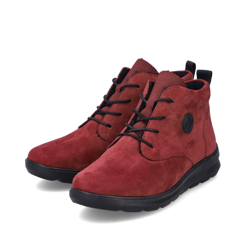Rote Rieker Damen Schnürstiefel Z0022-35 aus Rauleder mit einem Reißverschluss. Schuhpaar seitlich schräg.
