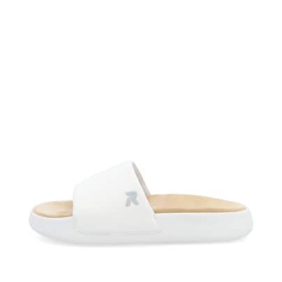 Weiße Rieker Damen Pantoletten W3250-80 mit flexibler und ultraleichter Sohle. Schuh Außenseite.
