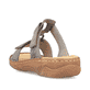 Graue Rieker Damen Pantoletten V2885-42 in Löcheroptik mit einem Klettverschluss. Schuh von hinten.