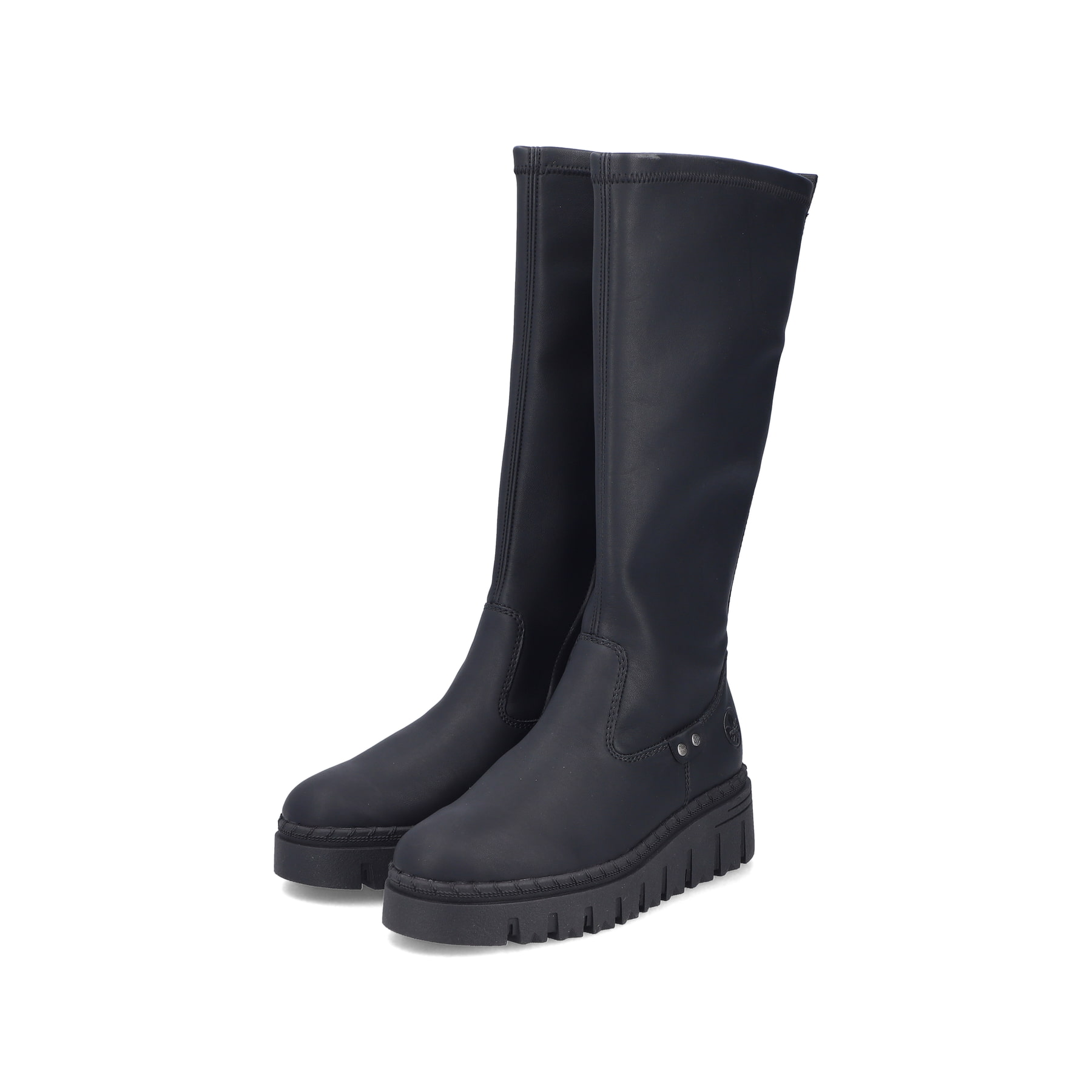 Schwarze Rieker Damen Hochschaftstiefel Z8990-00 mit einem Reißverschluss. Schuhpaar seitlich schräg.