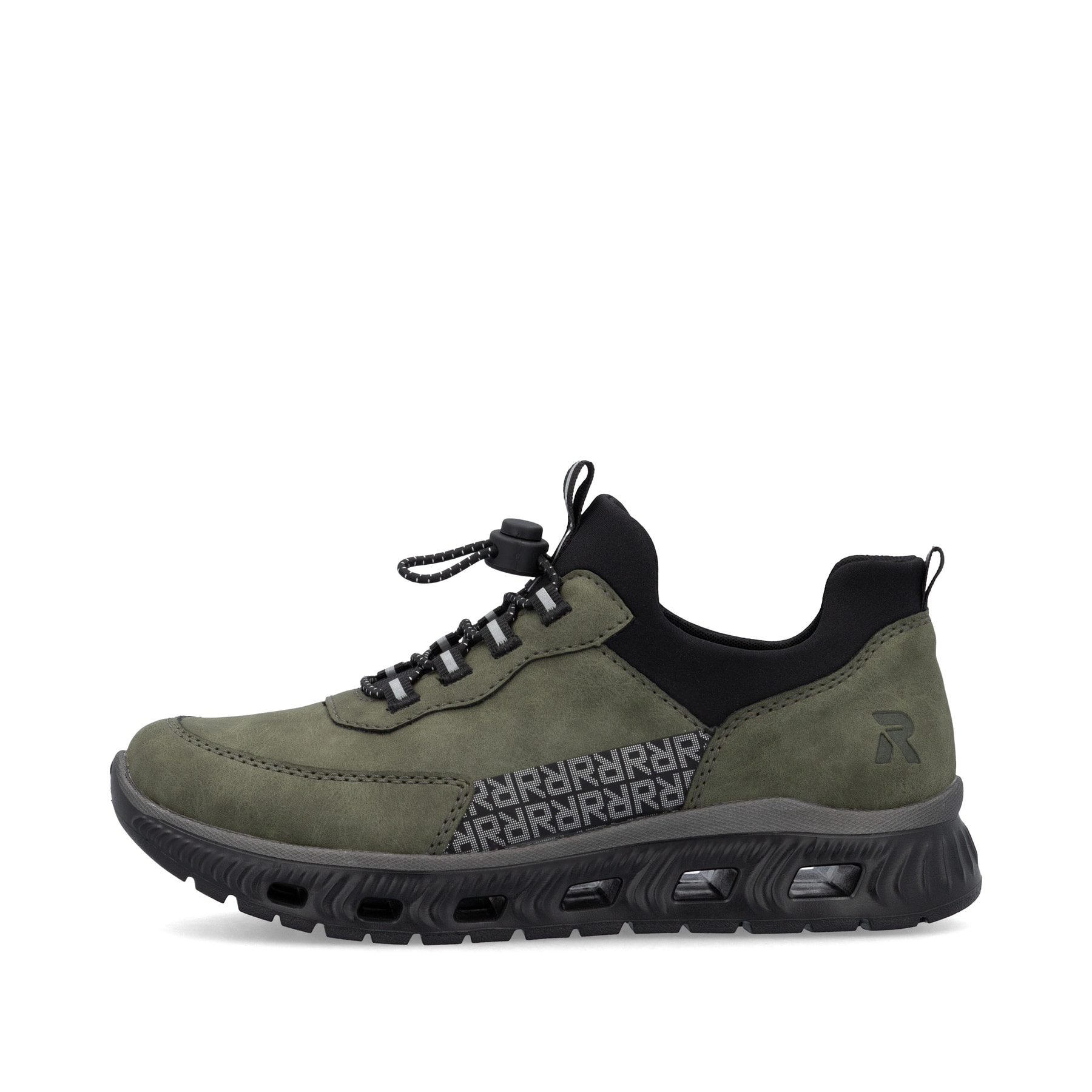 Baskets basses Rieker vertes pour femme M6058-54 avec bande élastique. Côté extérieur de la chaussure.