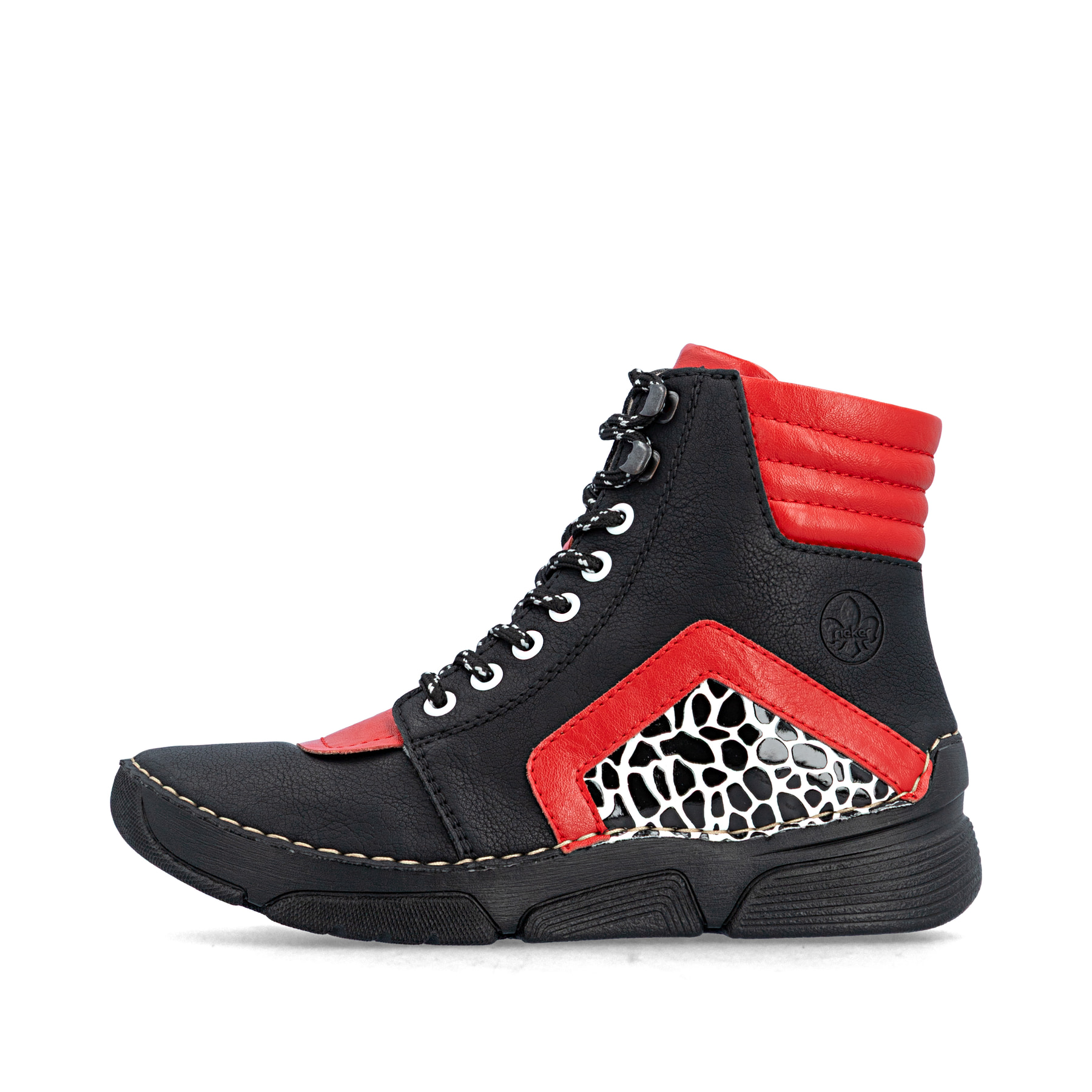Bottes à lacets Rieker noires pour femmes 45904-00 avec motif saisissant. Côté extérieur de la chaussure.