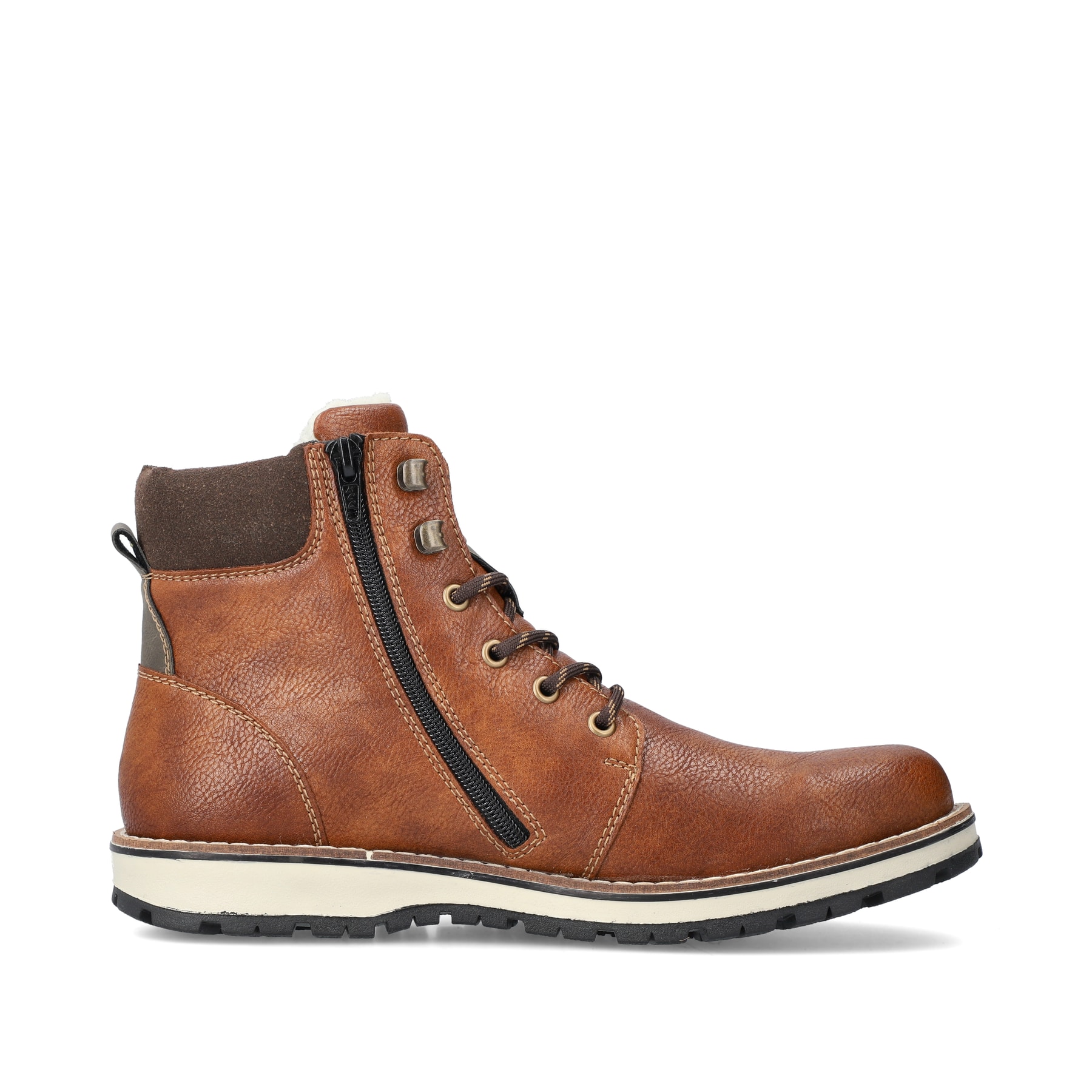 Karamellbraune Rieker Herren Schnürstiefel 38425-25 mit Schnürung und Reißverschluss. Schuh Innenseite