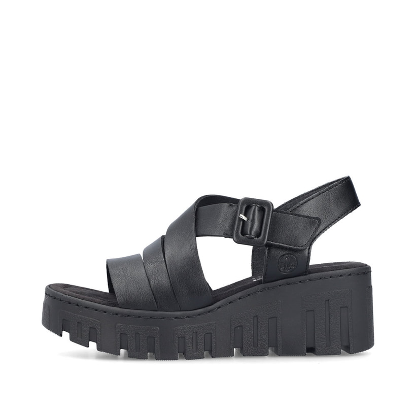 Schwarze Rieker Keilsandaletten 68063-00 mit trendiger Schnalle. Schuh Außenseite.