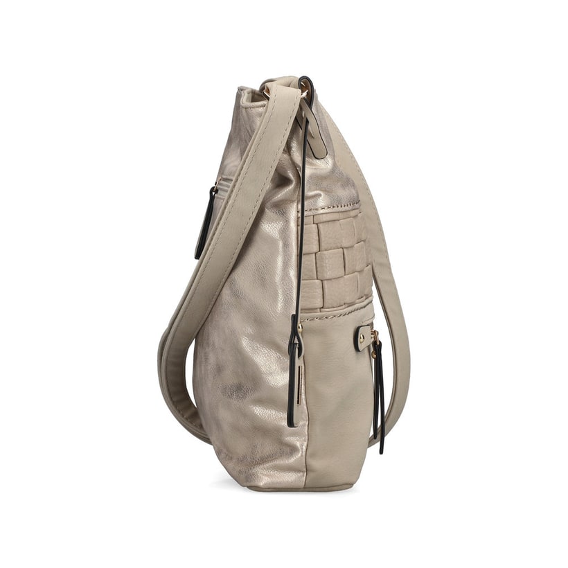 Sac à bandoulière Rieker H1301-62 beige avec motif tissé, détails dorés et fermeture éclair. Côté droit.