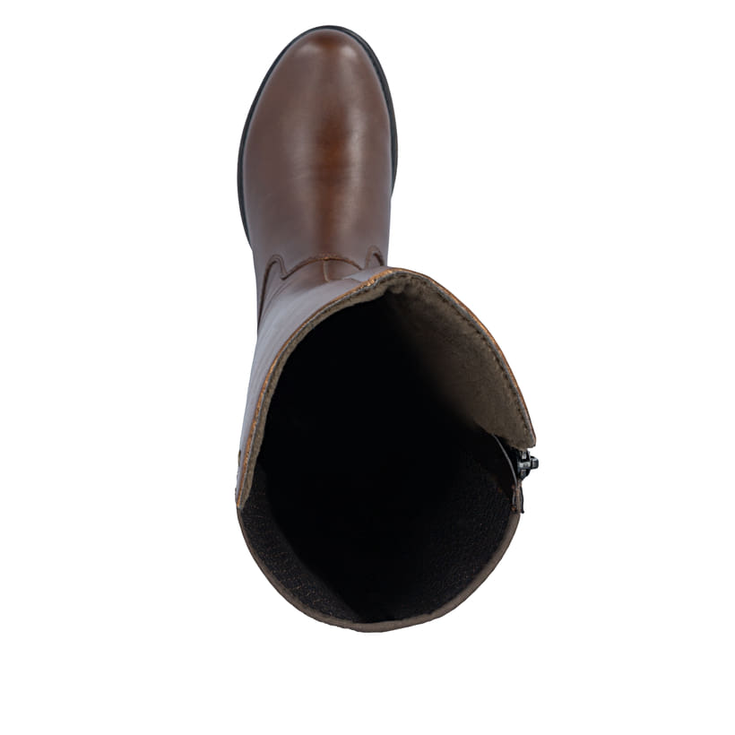 Dunkelbraune Rieker Damen Hochschaftstiefel Z9591-29 aus Glattleder. Schuh von oben.