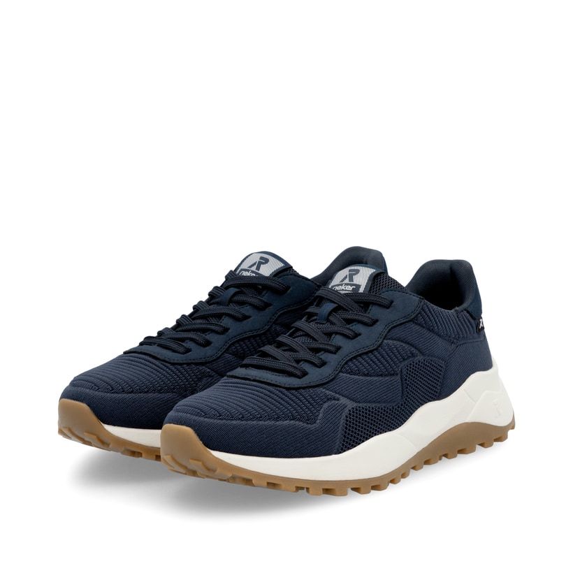 Blaue waschbare Rieker Herren Sneaker Low U1302-14 mit einer Schnürung. Schuhpaar seitlich schräg.