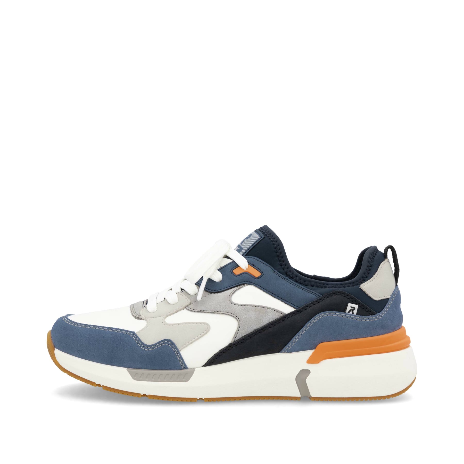 Blaue Rieker Herren Slipper U1403-14 mit Gummizug sowie einer flexiblen Sohle. Schuh Außenseite.