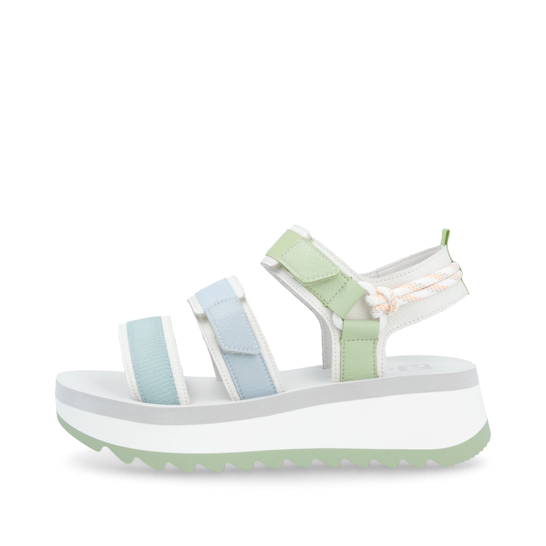 Mehrfarbige Rieker Damen Riemchensandalen W3052-91 mit einem Klettverschluss. Schuh Außenseite.