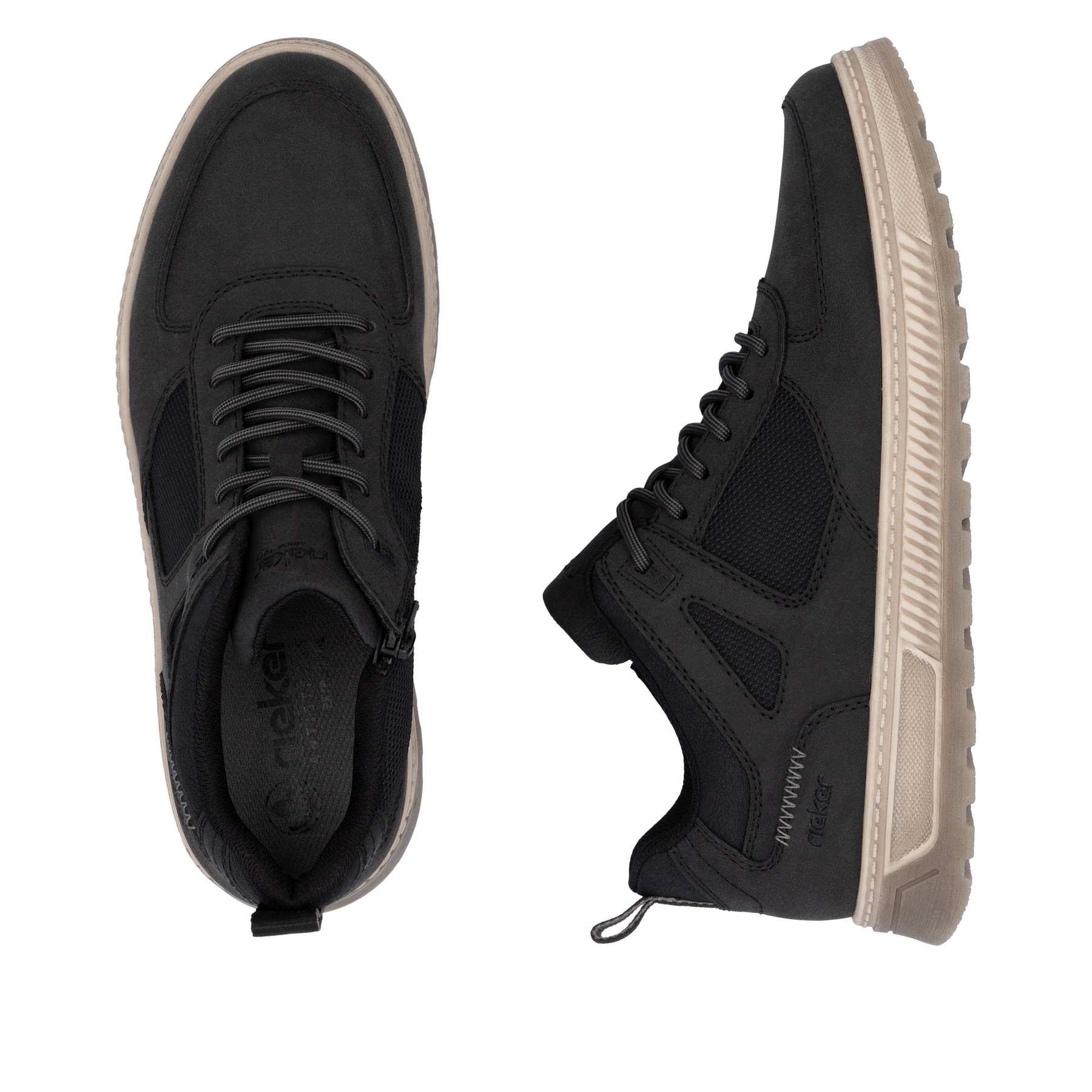 Schwarze Rieker Herren Schnürschuhe 37004-00 mit einem Reißverschluss. Schuh von oben, liegend.
