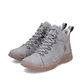 Hellgraue Rieker Damen Schnürstiefel Y8414-42 mit einem Reißverschluss. Schuhpaar seitlich schräg.