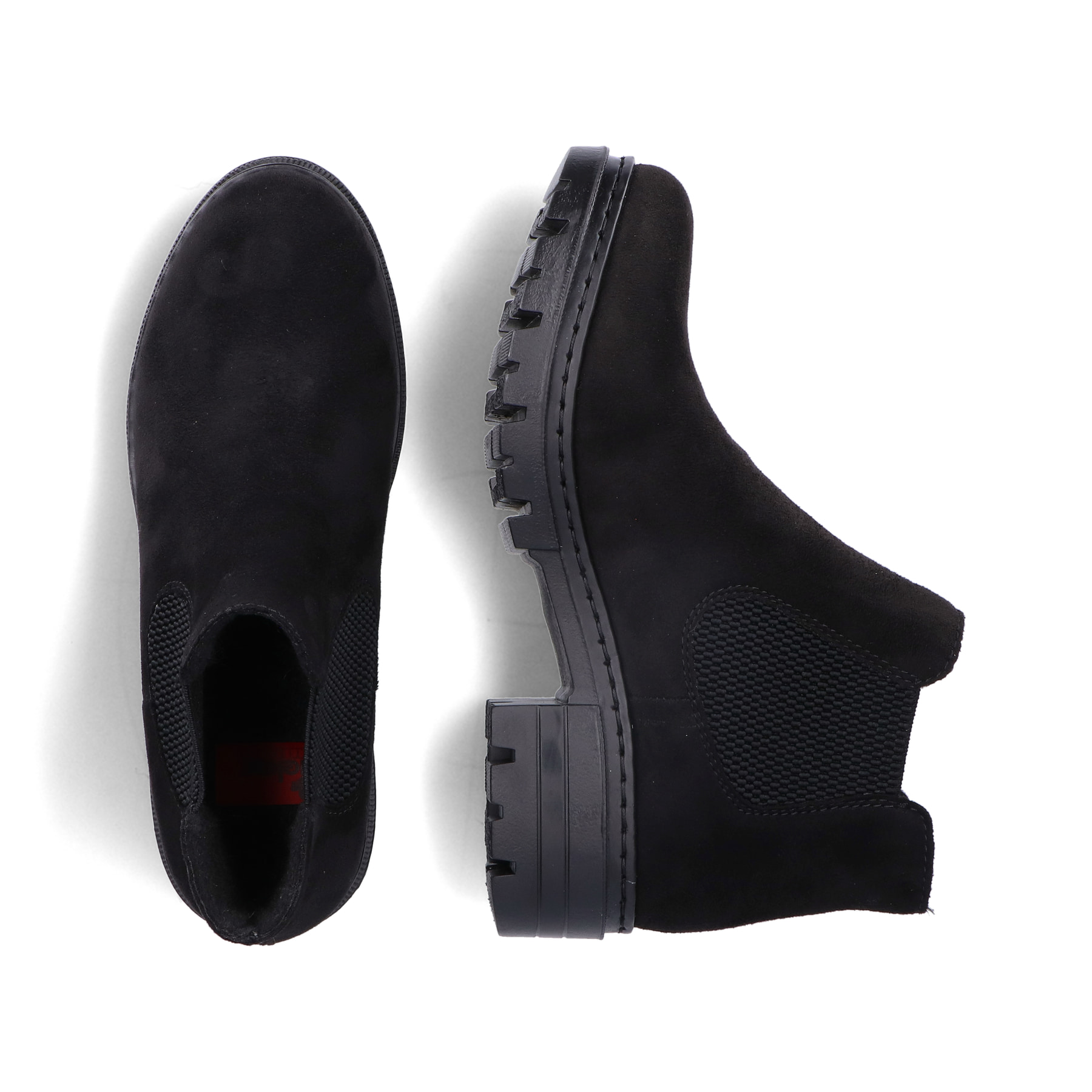 Schwarze Rieker Damen Chelsea Boots 76884-00 mit dekorativem Knopf. Schuh von oben, liegend.