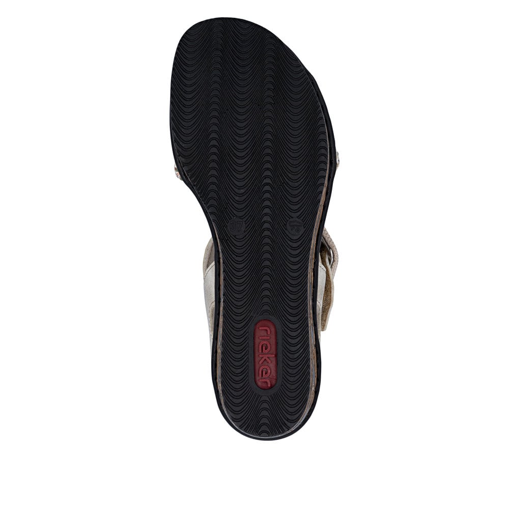 Beige Rieker Keilsandaletten 68172-60 mit trendiger Schnalle. Schuh Laufsohle.