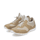 Beige Rieker Damen Slipper N4245-60 mit einem Gummizug. Schuhpaar seitlich schräg.
