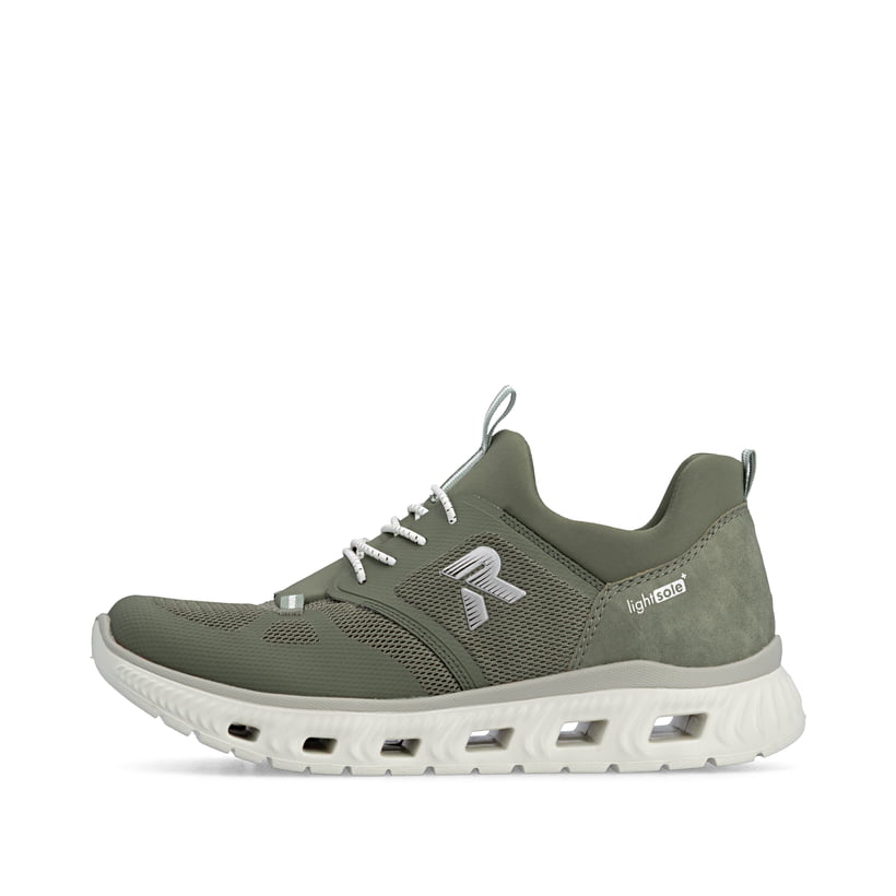 Vegane, oliv-weiße Rieker Damen Slipper M6078-54 mit einem Gummizug. Schuh Außenseite.