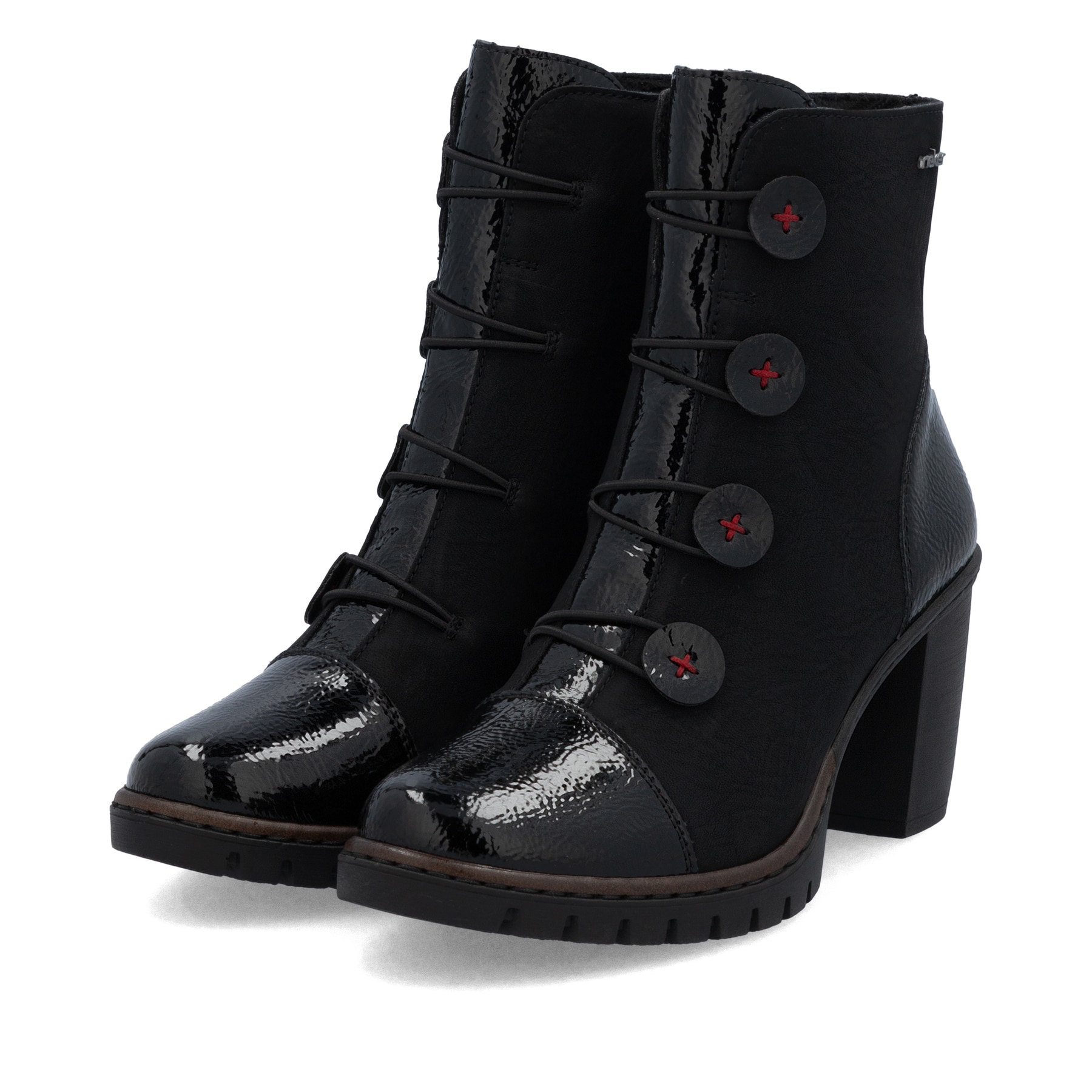 Schwarze Rieker Damen Stiefeletten Y2576-00 mit einem Reißverschluss. Schuhpaar seitlich schräg.