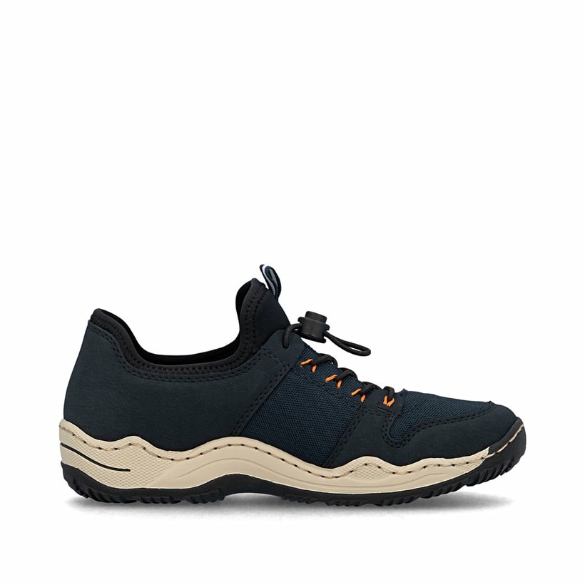 Dunkelblaue Rieker Damen Slipper L0593-14 mit einem Gummizug. Schuh Innenseite.