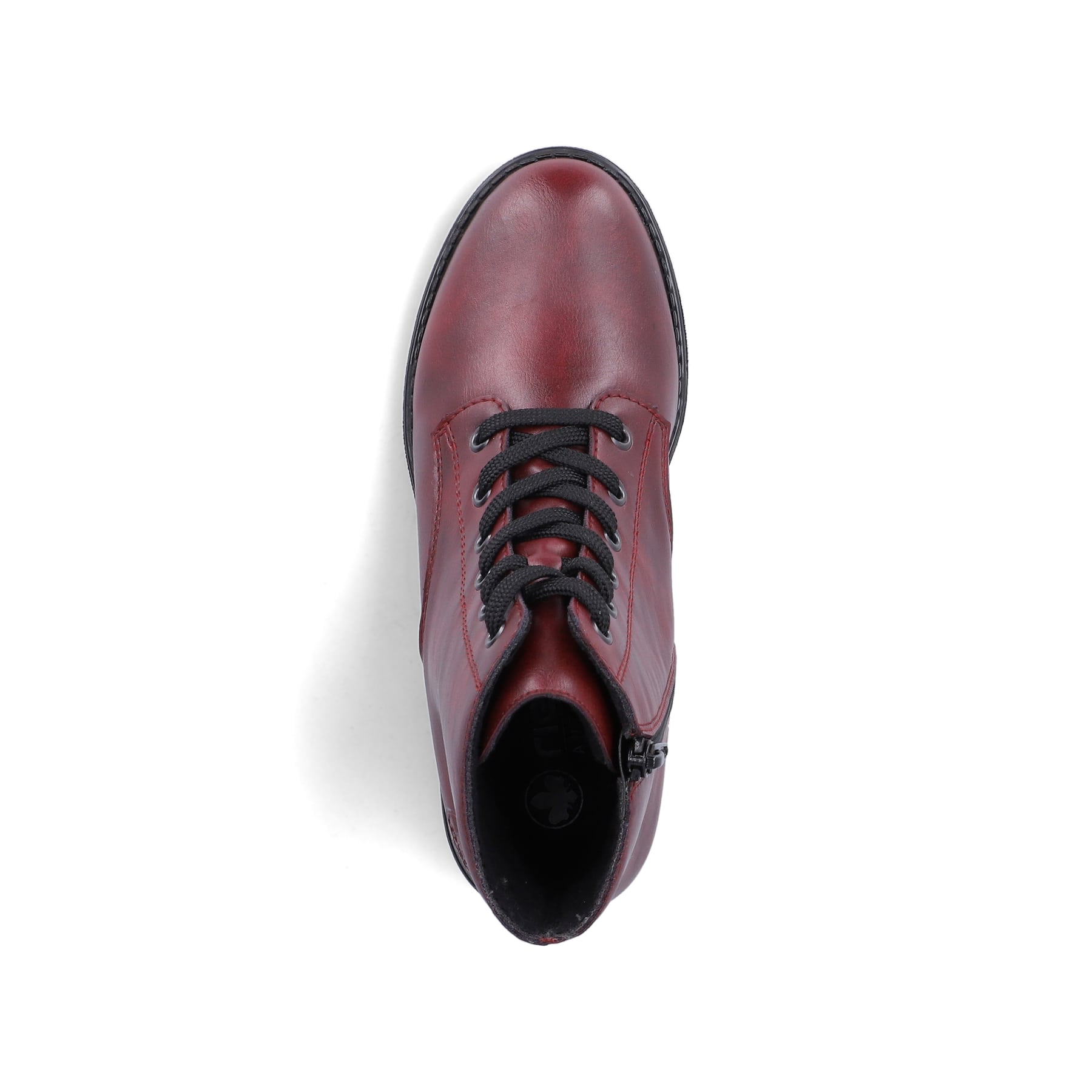 Weinrote Rieker Damen Schnürstiefel 75433-35 mit einem Reißverschluss. Schuh von oben.