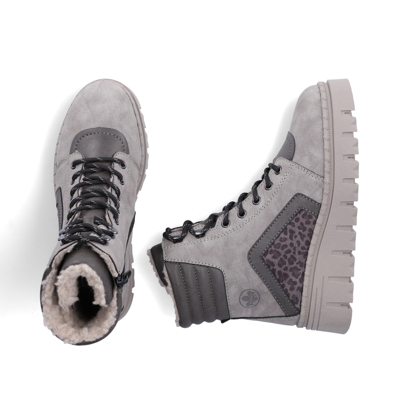 Graue Rieker Damen Schnürstiefel Z8904-40 mit einem Reißverschluss. Schuh von oben, liegend.