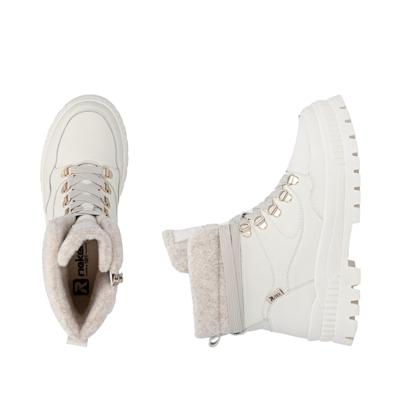 Weiße Rieker Damen Schnürstiefel W2171-81 aus Glattleder. Schuh von oben, liegend.