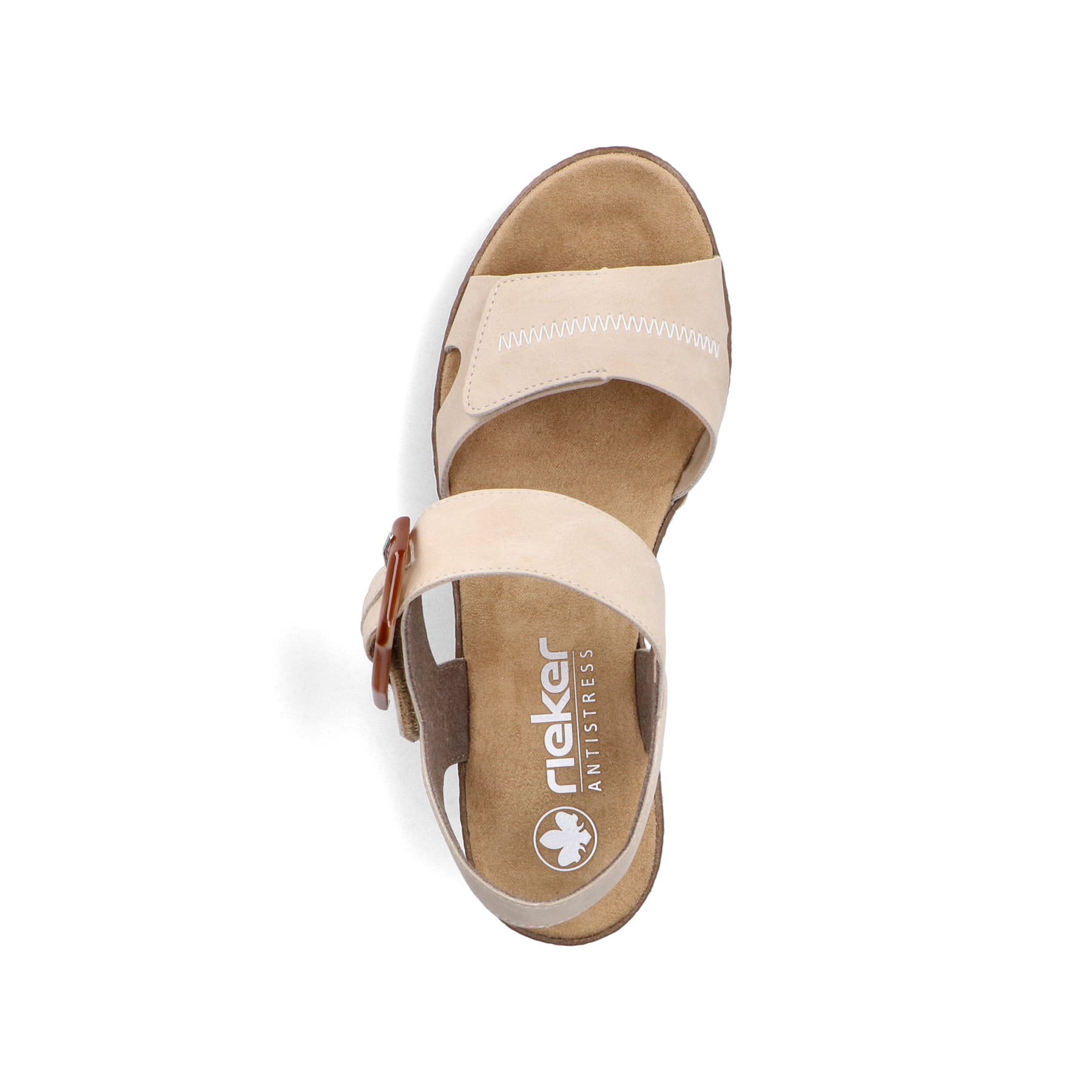 Beige Rieker Riemchensandaletten 63850-60 mit trendigen Schnalle. Schuh von oben.