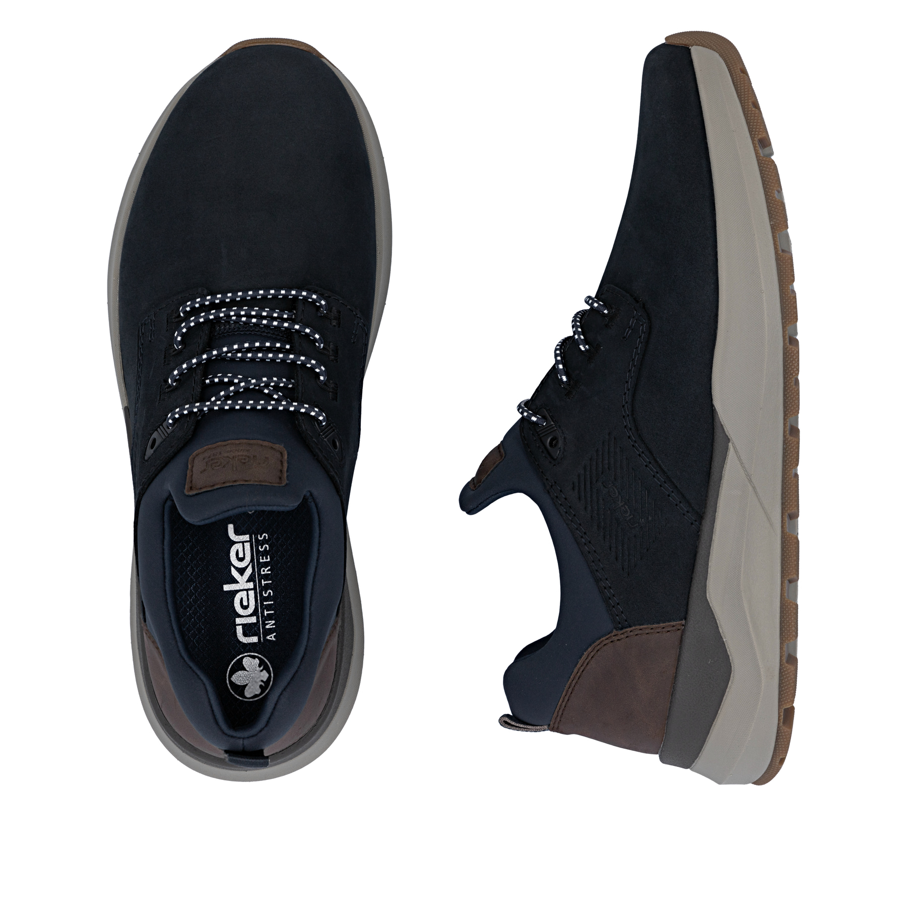 Blaubraune Rieker Herren Slipper 06050-14 aus Rauleder mit einem Gummizug. Schuh von oben, liegend.