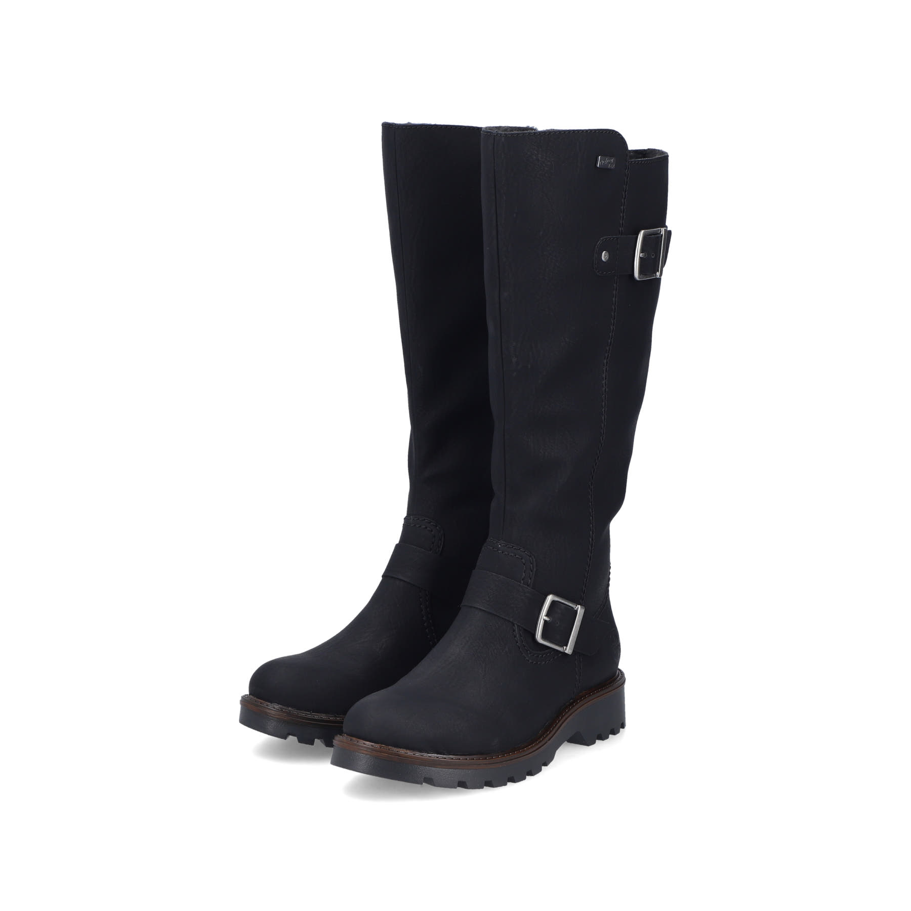 Schwarze Rieker Damen Hochschaftstiefel 73292-00 mit einem Reißverschluss. Schuhpaar seitlich schräg.