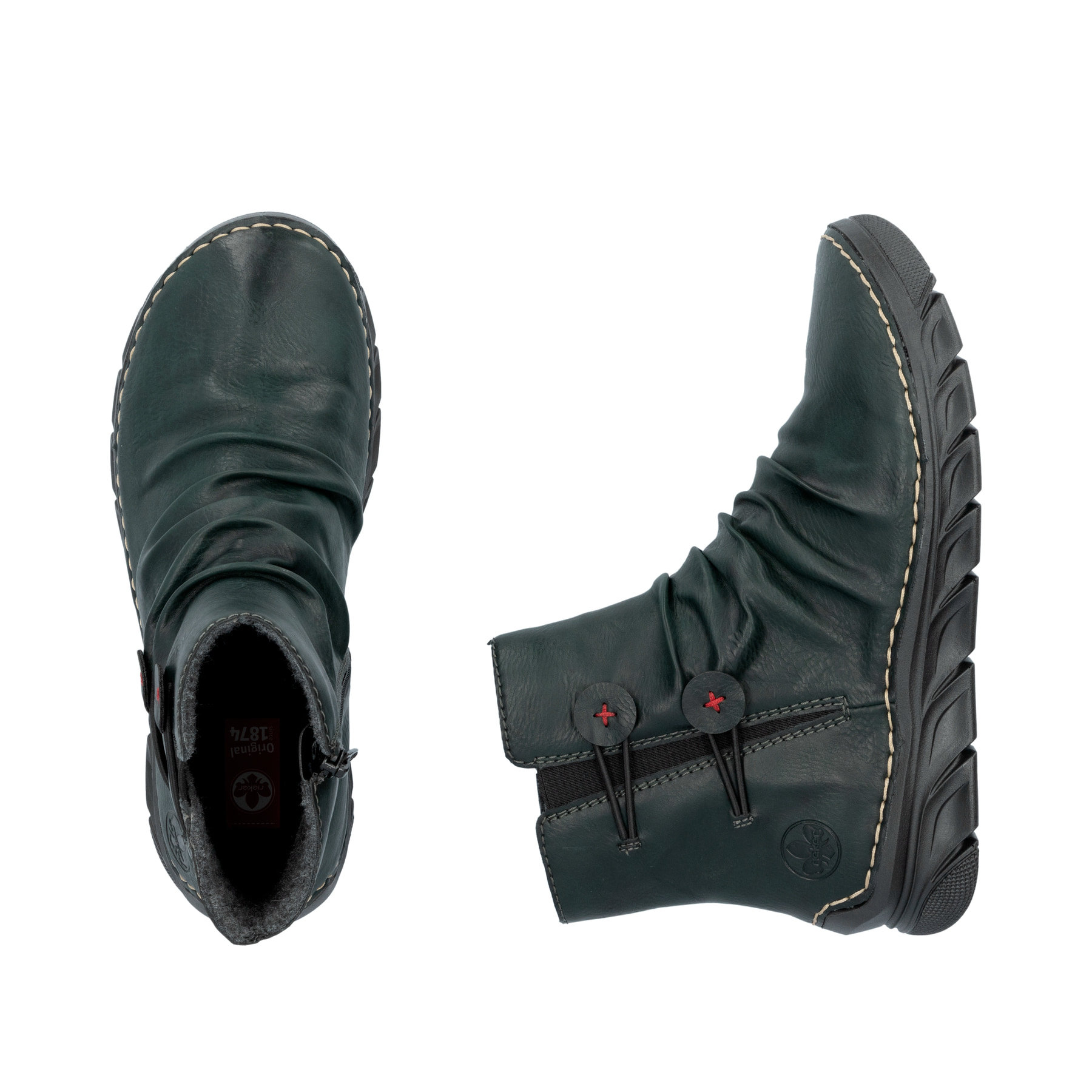 Dunkelgrüne Rieker Damen Schnürstiefel 55052-54 mit geraffter Optik. Schuh von oben, liegend.
