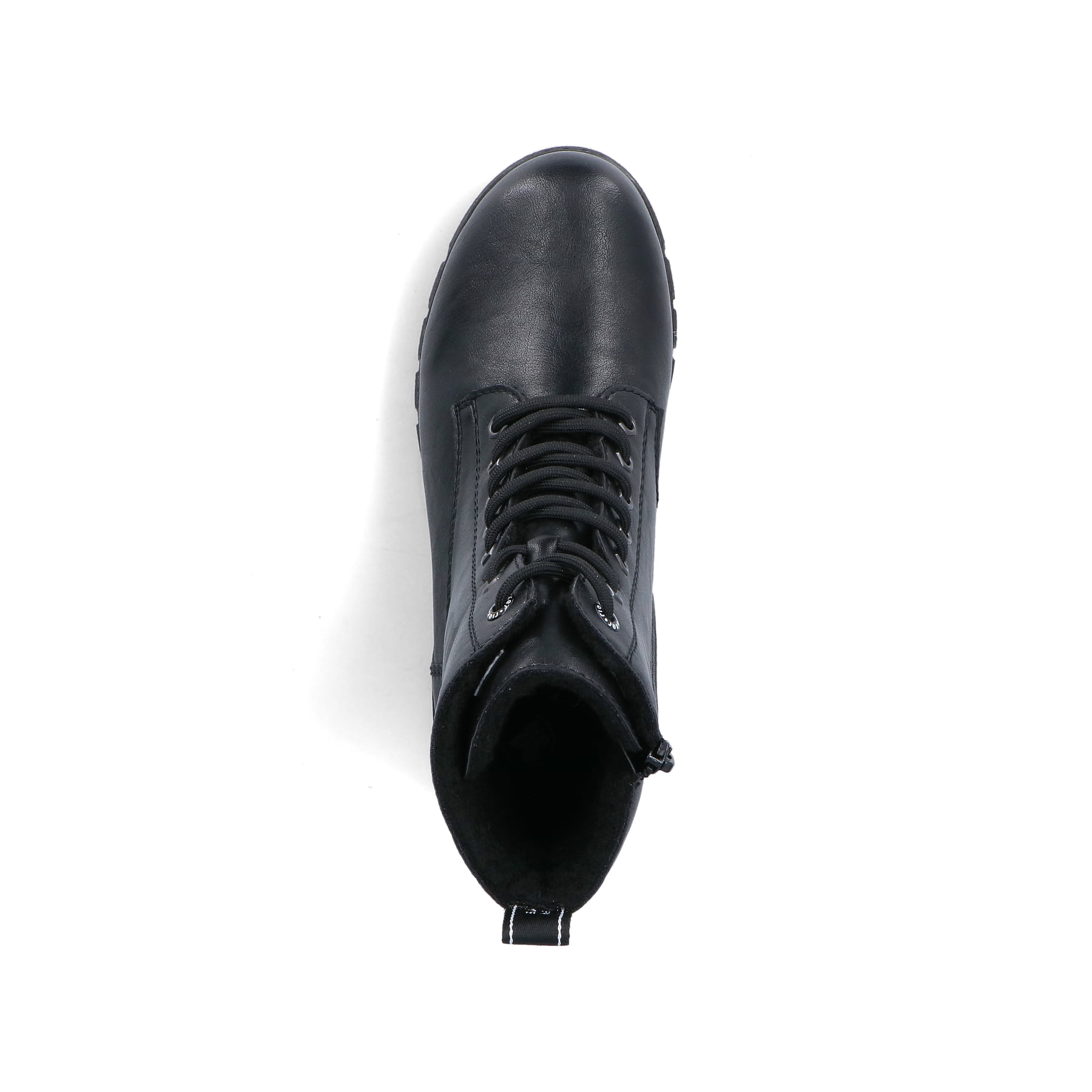 Schwarze Rieker Damen Biker Boots 74530-00 mit einem Reißverschluss. Schuh von oben.
