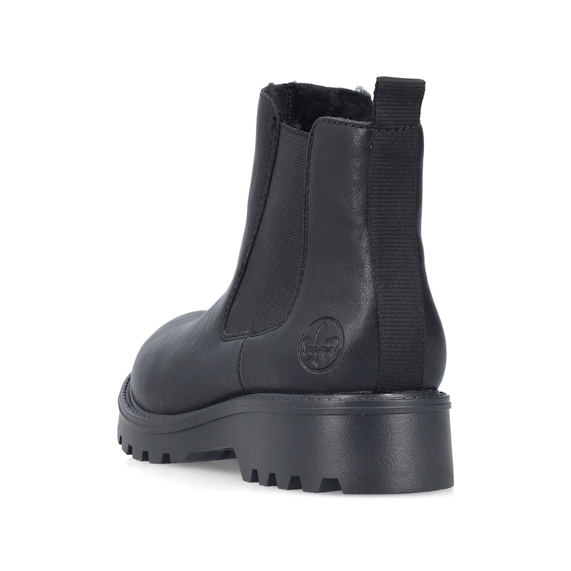Schwarze Rieker Damen Chelsea Boots 73250-01 mit einem Reißverschluss. Schuh von hinten.