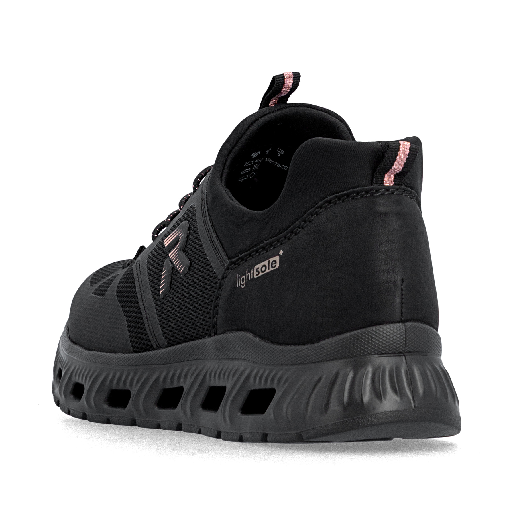 Mocassins Rieker noirs végan pour femmes M6078-00 avec bande élastique. Chaussure vue de l'arrière.