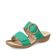 Grüne Rieker Damen Pantoletten 60894-52 mit einem Klettverschluss. Schuh seitlich schräg.