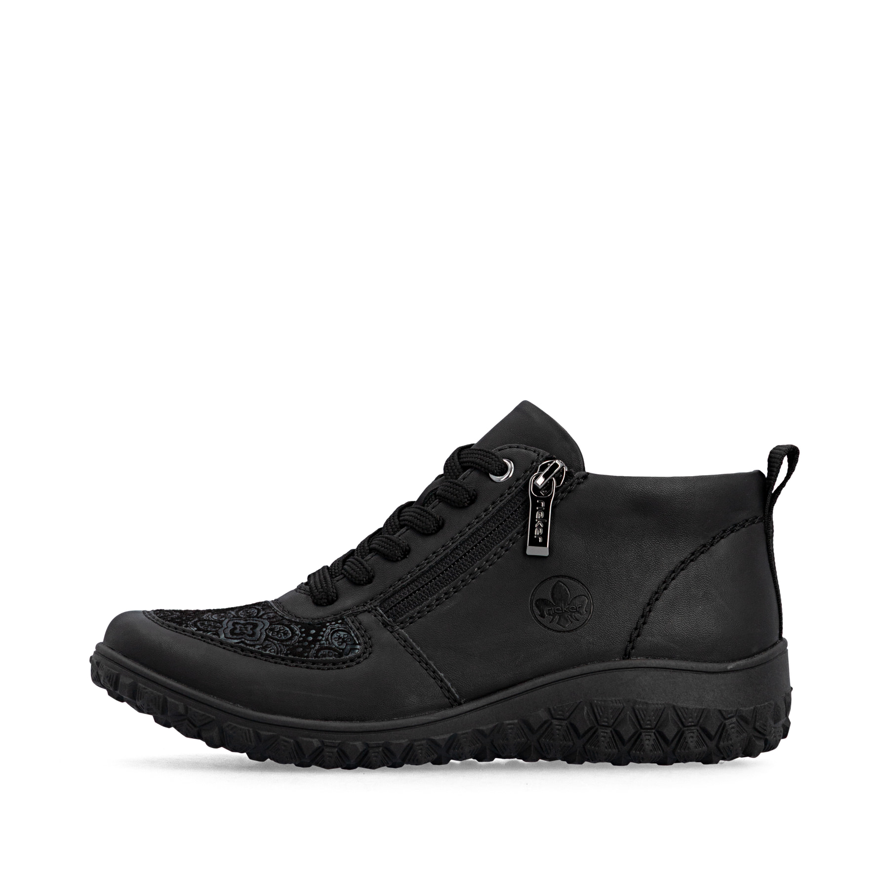 Schwarze Rieker Damen Schnürstiefel 59541-00 mit einem Reißverschluss. Schuh Außenseite.