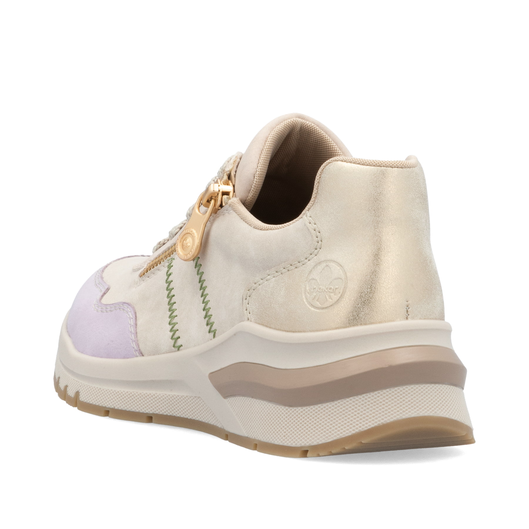 Beige Rieker Damen Sneaker Low M6601-60 mit modernen Ziernähten. Schuh von hinten.