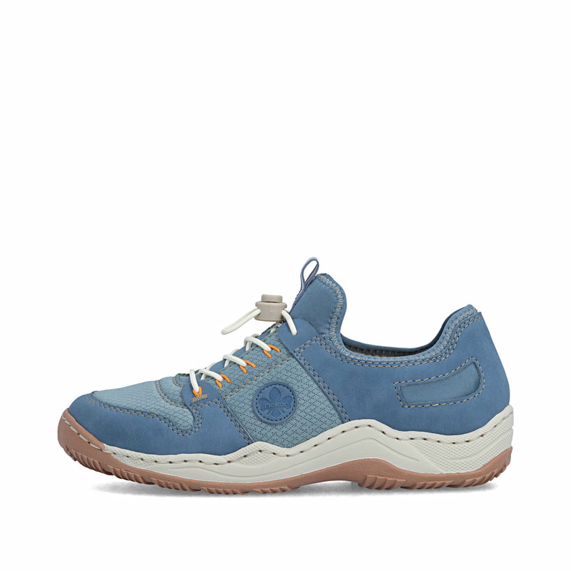 Blaue Rieker Damen Slipper L0593-12 mit einem Gummizug. Schuh Außenseite.