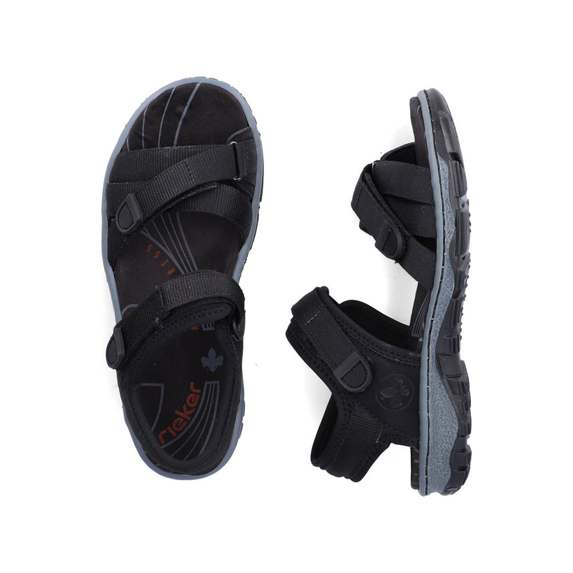 Schwarze Rieker Damen Trekkingsandalen 68852-00 mit einem Klettverschluss. Schuh von oben, liegend.