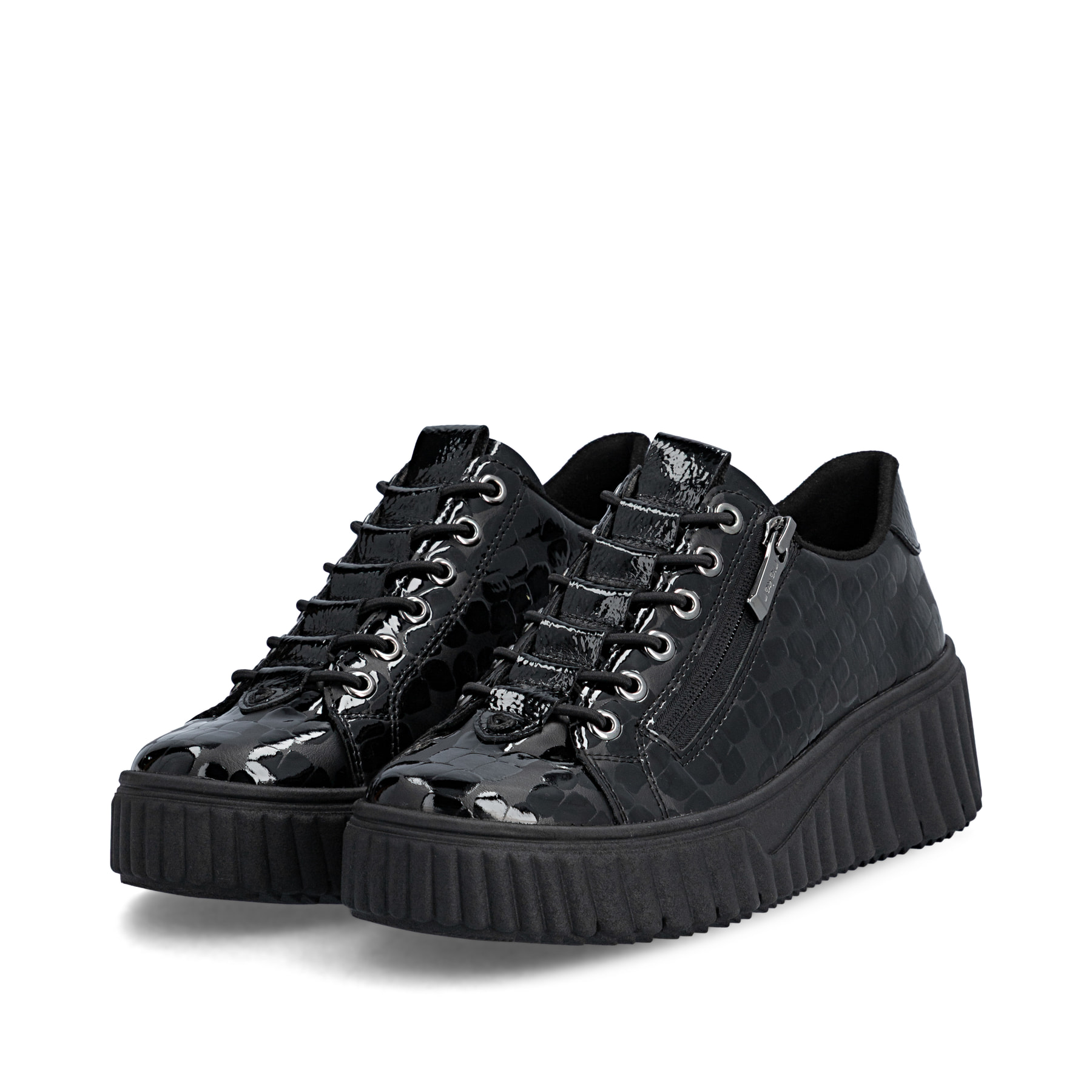 Schwarze Rieker Damen Sneaker Low N2555-02 mit einem Reißverschluss. Schuhpaar seitlich schräg.