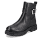 Schwarze Rieker Damen Kurzstiefel Z9174-00 mit Zierschnalle sowie Reißverschluss. Schuh seitlich schräg.