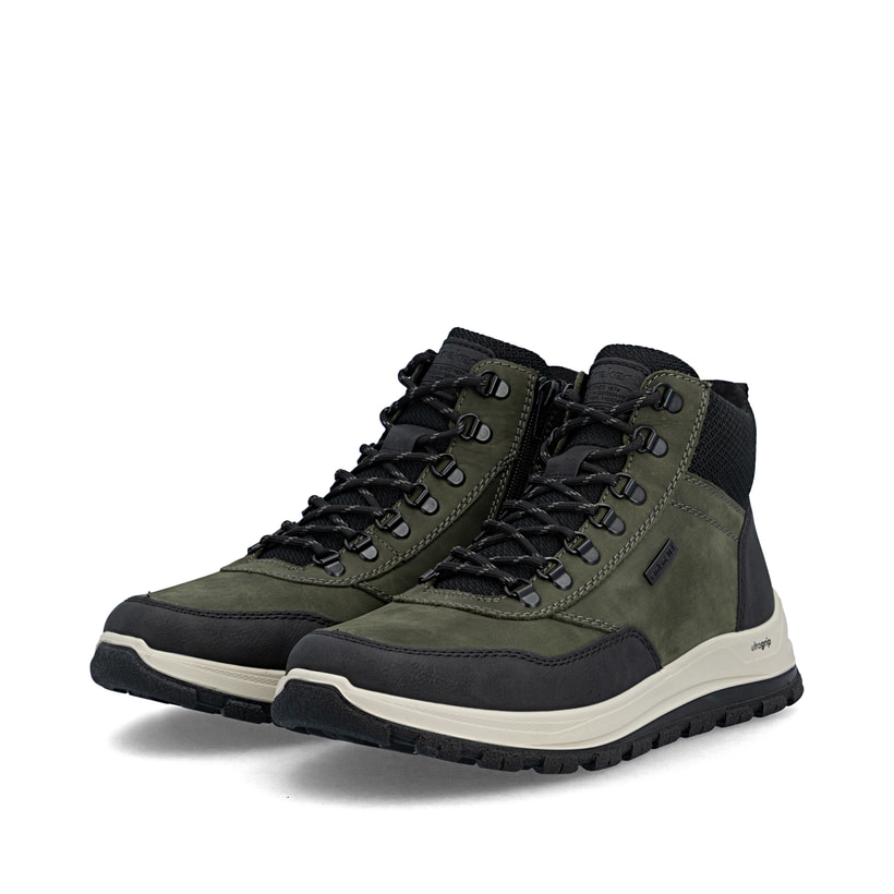 Dunkelgrün-schwarze Rieker Herren Schnürstiefel B8124-54 mit Reißverschluss. Schuhpaar seitlich schräg.