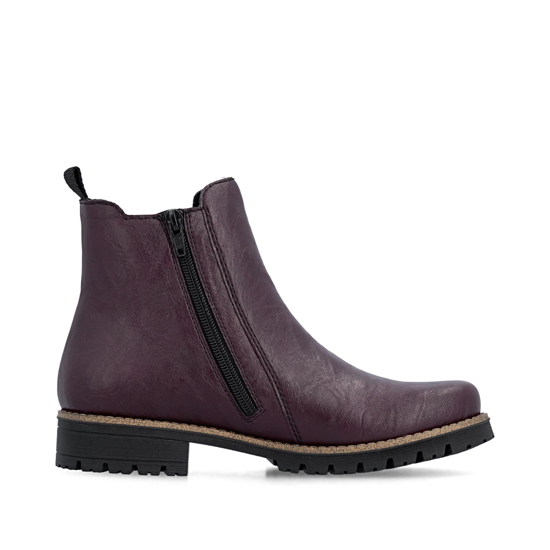 Brombeer-schwarze Rieker Damen Chelsea Boots 79592-30 mit einem Reißverschluss. Schuh Innenseite.