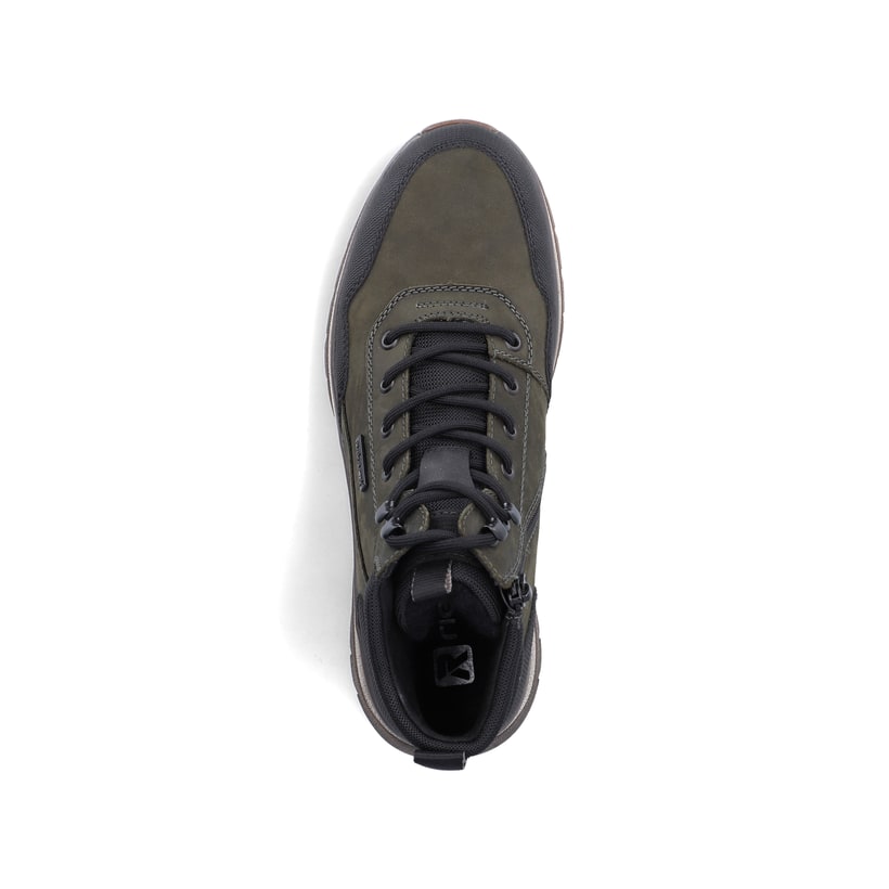 Dunkelgrün-schwarze Rieker Herren Schnürstiefel B9310-54 aus Rauleder. Schuh von oben.