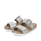 Graue Rieker Damen Pantoletten 69881-40 mit Klettverschluss sowie Textprint. Schuhpaar seitlich schräg.