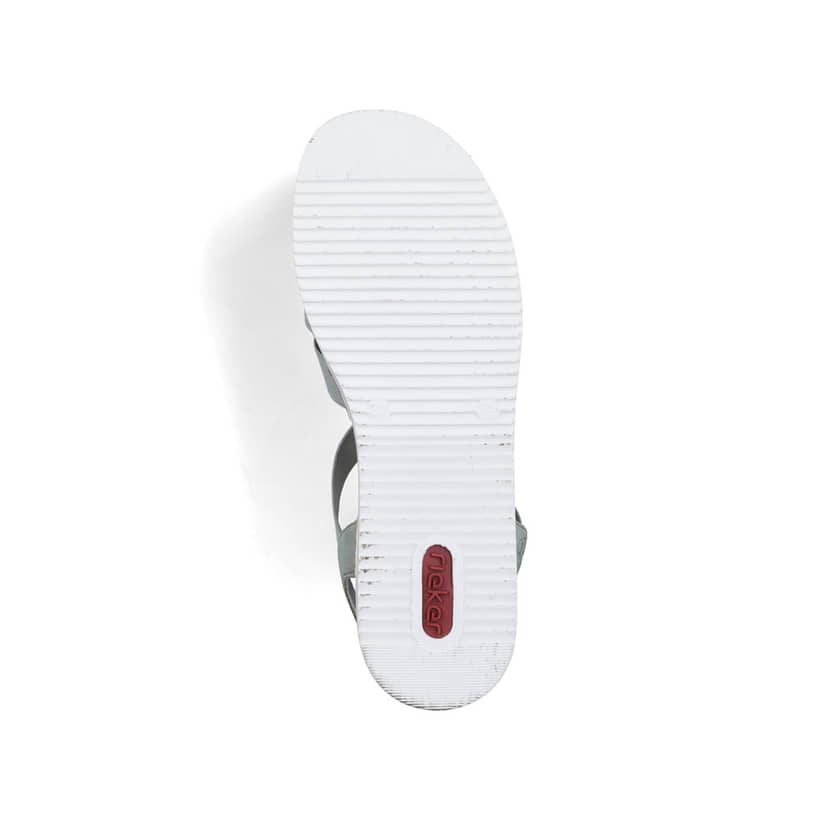 Grüne Rieker Keilsandaletten V0245-52 mit Schmuckelementen sowie einem Gummizug. Schuh Laufsohle.