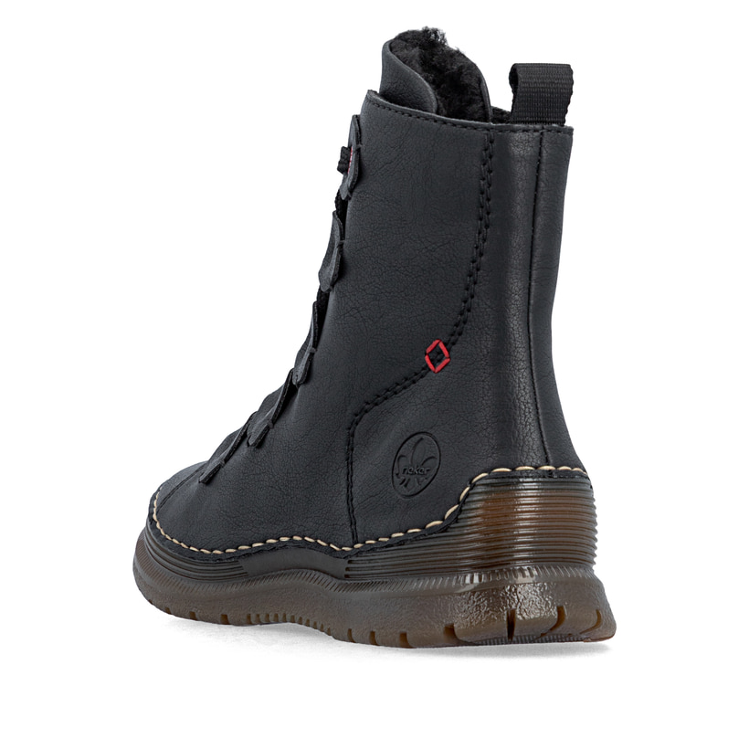 Schwarze Rieker Damen Schnürstiefel 53602-00 mit einem Reißverschluss. Schuh von hinten.