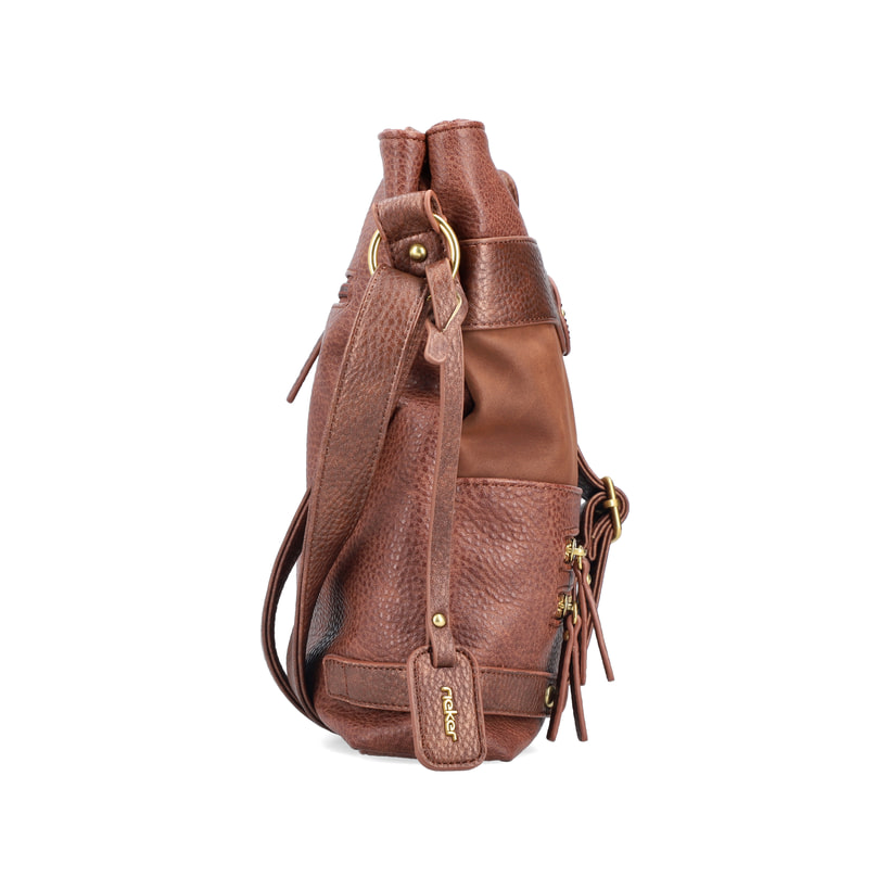 Sac bandoulière Rieker H1346-22 en marron avec plusieurs compartiments intérieurs et une fermeture éclair. Côté droit.