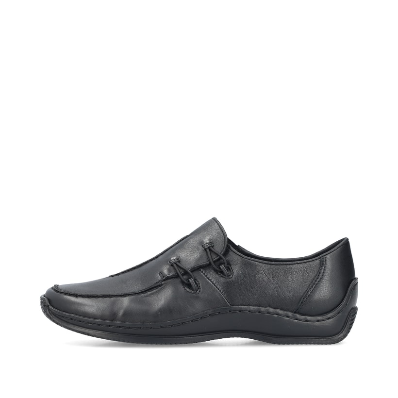 Schwarze Rieker Damen Slipper L1751-00 mit einem Gummizug. Schuh Außenseite.